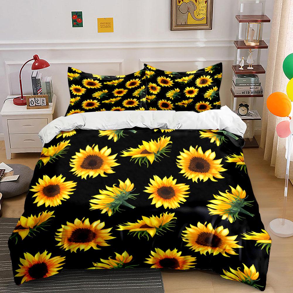 Sunflower print Black Background Bedding Set for Kids Luxury Gift 3pcs Digital Print Comforter Set Soft Comfortable Breathable