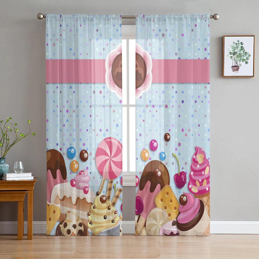 Cartoon Food Ice Cream Cup Sheer Window Curtains for Living Room Bedroom Kitchen Room Chiffon Tulle Curtains Panel