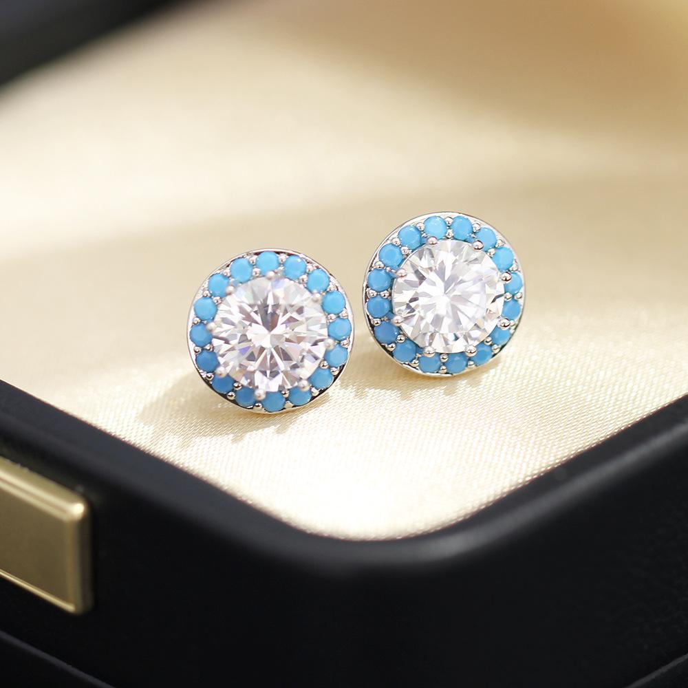 Premium Blue Diamond Stone Earrings Exquisite Small and Versatile Round Single Diamond Stud Earrings 925 Silver Needle Earrings Women's