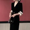 Hepburn-Style Black Velvet Lace Trim Dress for Women