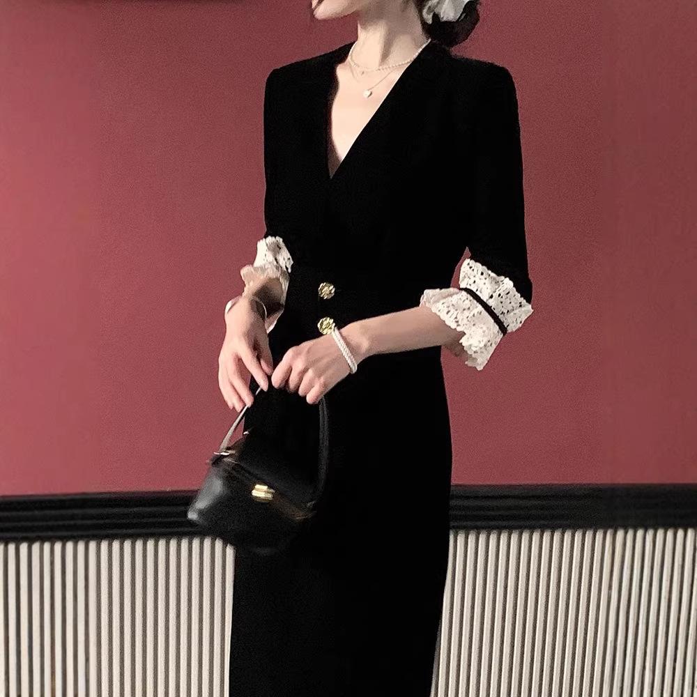 Hepburn-Style Black Velvet Lace Trim Dress for Women