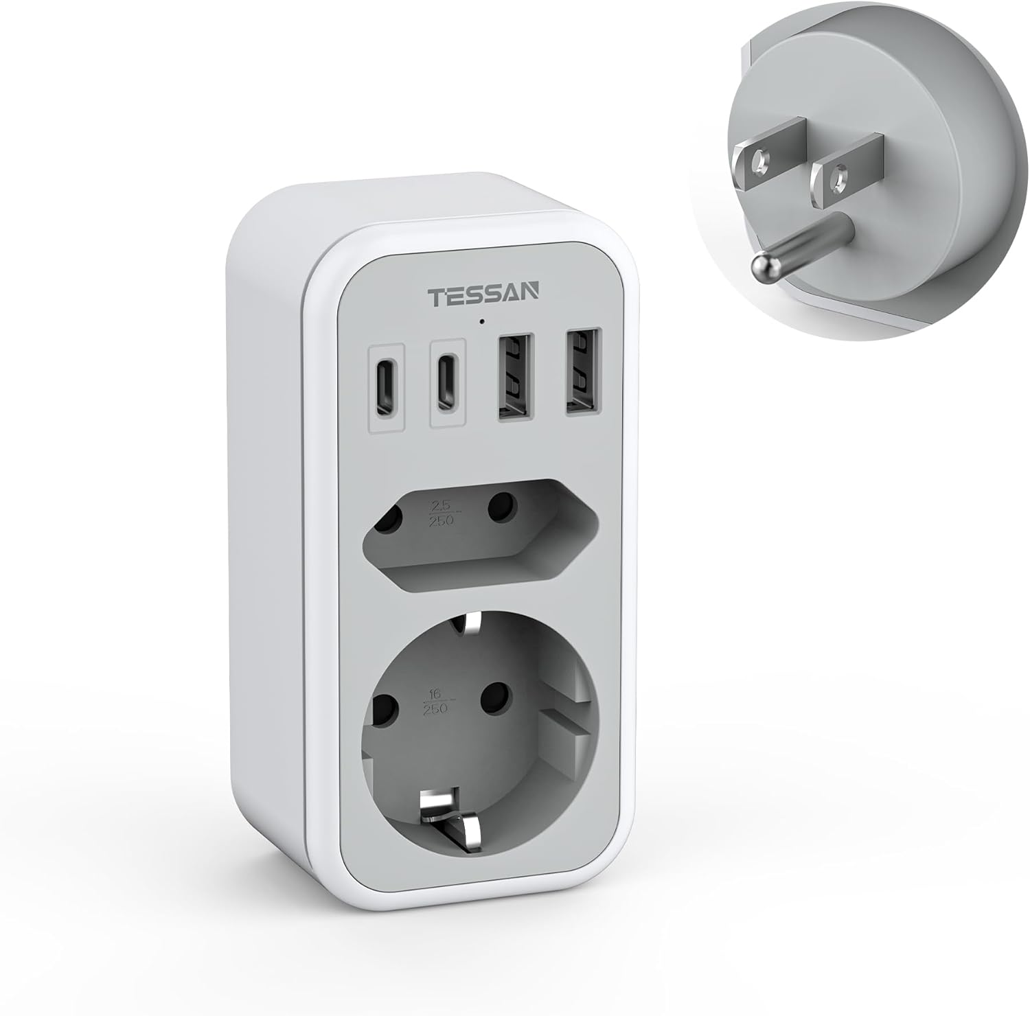 

TESSAN 6 in 1 Travel Adapter Thailand with 2 USB C and 2 USB A, Socket Adapter Travel Plug Power Adapter for America Canada Thailand Mexico 2 Outlets&2 USB C 2 USB A сірий колір