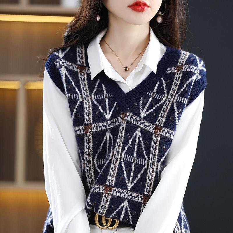 Vintage Wool Knitted Sweater Pullover Tank Women Folded Vest Diamond Plaid V-Neck Sleeveless Sweater Pullover Vest Female Tops