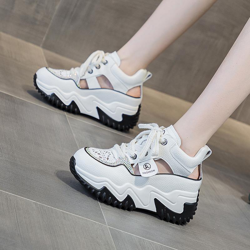 2025 new leather belt drill hollow dad shoes women's summer lightweight inner height increase casual sports shoes platform sandals