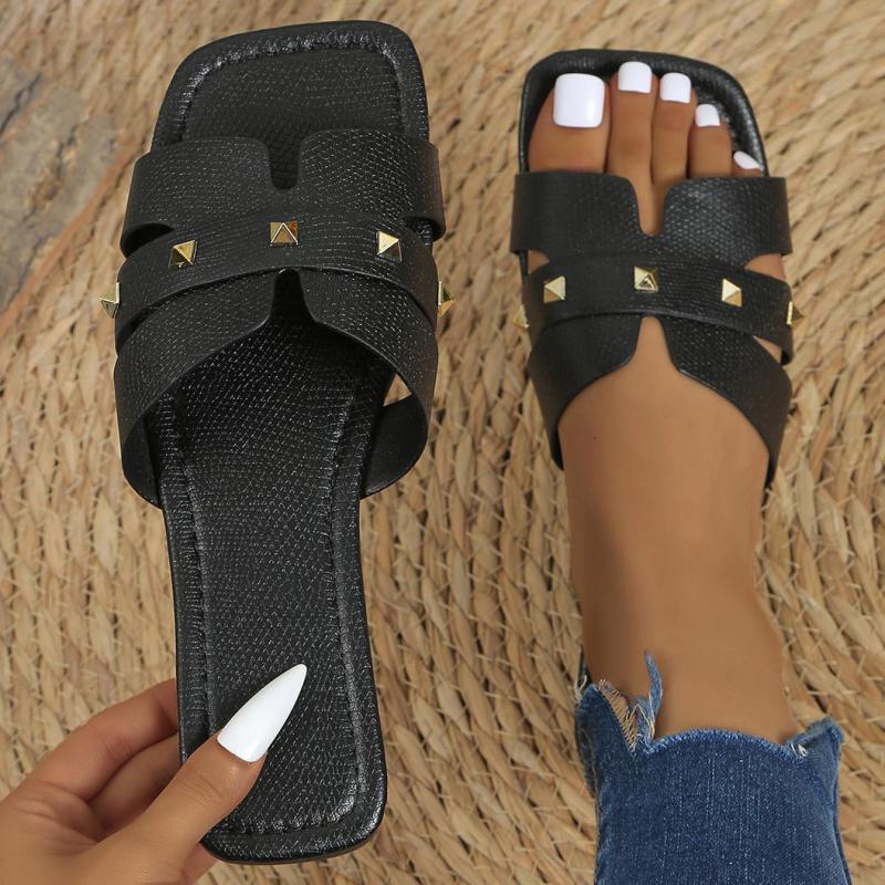Fashion Fashion Non-slip Women Slippers Summer Flat Rivet Slippers Female Sandals Open Toe Outdoor Beach Slippers Design Slides Women