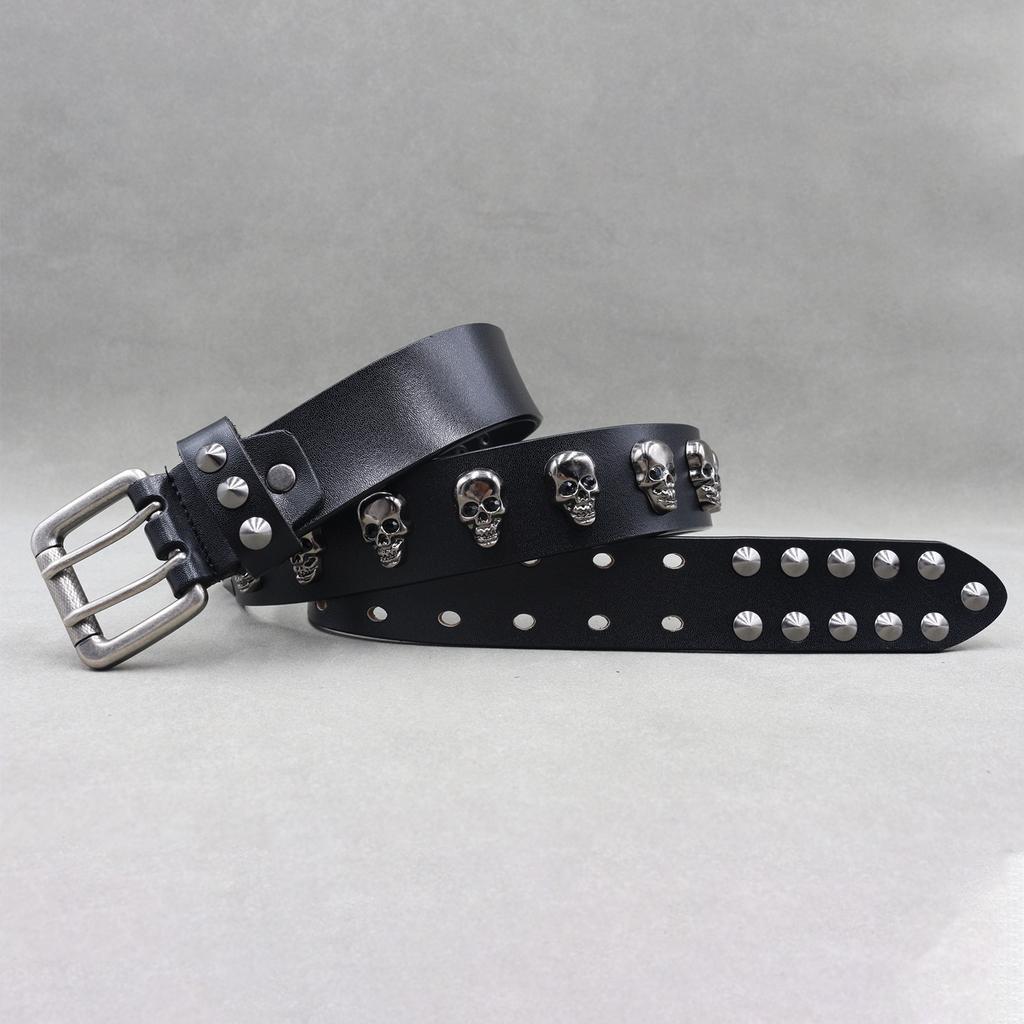 Punk Rivet Belt Real Cowhide Spike Skull Accessories Western Cycling Nightclub Belt A Whole Row of Skulls