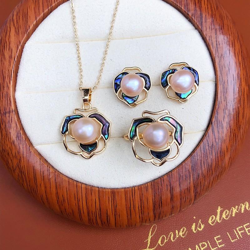 Exquisite Freshwater Pearl & Abalone Shell Jewelry Set: Earring, Ring, Pendant - Camellia Design