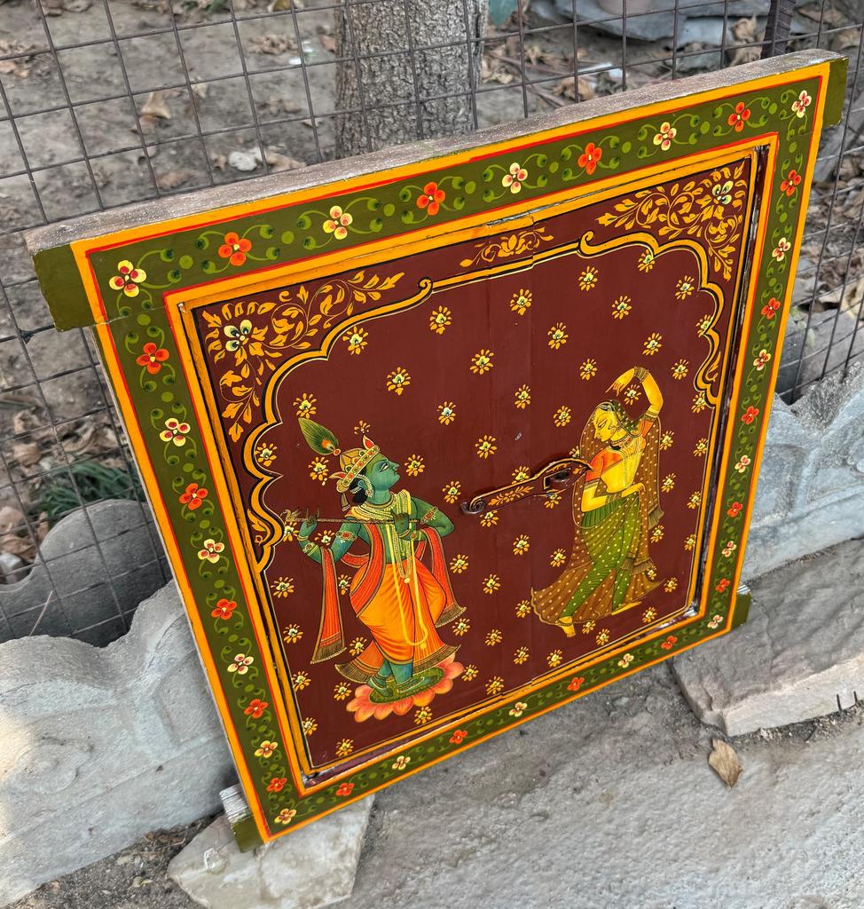 Retro Antique Wooden Window Panel Hand Painted Indian Religious Radha Krishna Frame