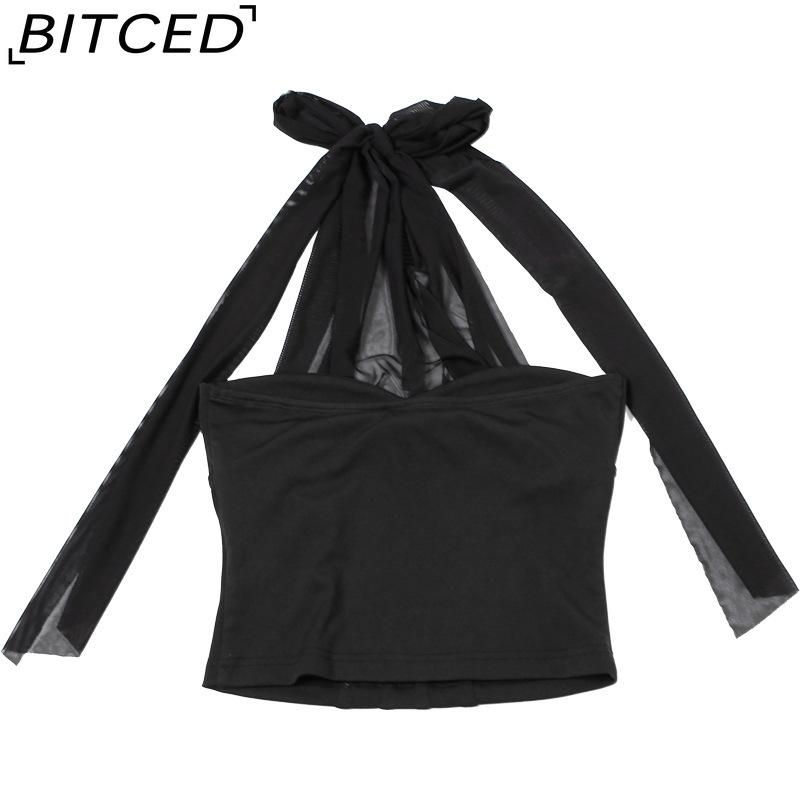 

BITCED Summer Women s Solid-Colour Sexy Halterneck Fishbone-Style Crop Top L
