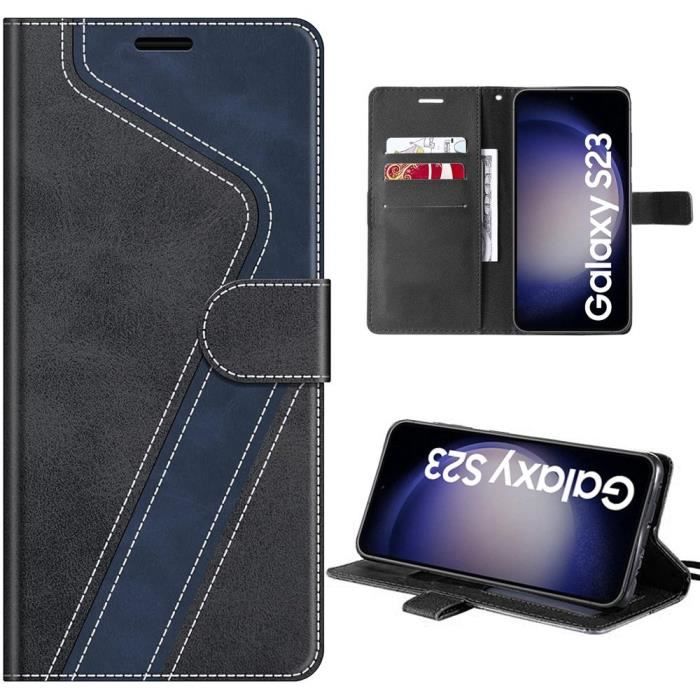 Coque pour Samsung Galaxy S23, Antichoc en Cuir PU avec Fentes pour cartes et Béquille Réglable - Noir-Bleu Marine