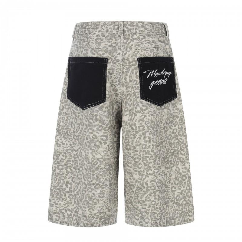 2026 American Vintage Leopard Print 3/4 Length Pants Loose Straight Leg Distressed Washed Casual Trousers Men Women