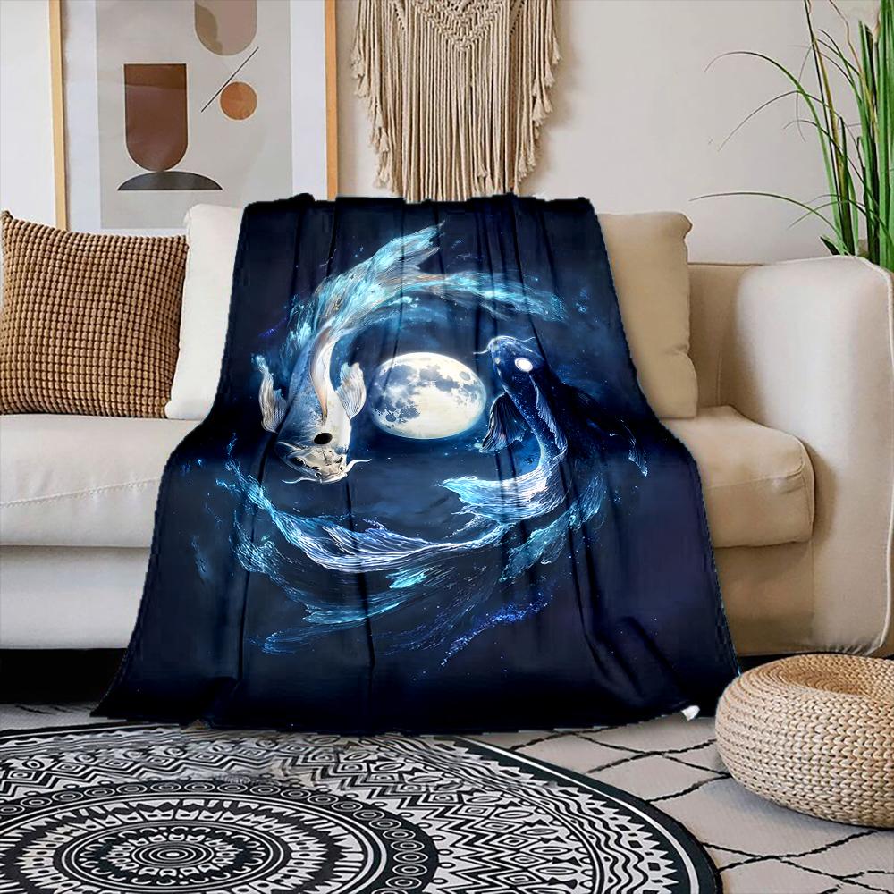 

Two glowing fish circling moon Print Blanket Warm Soft Suitable for All Seasons for Home Sofa Travel Camping Picnics RV 75x100cm