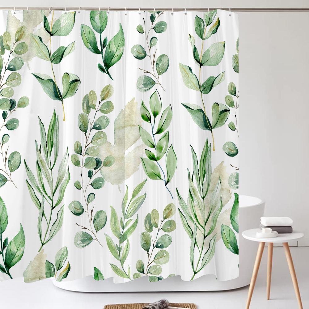 Grüne Pflanze Blatt Blume Duschvorhang, Moderner Nordic Minimalistischer Duschvorhang Polyester Stoff Badezimmervorhang für Badezimmer Dekor