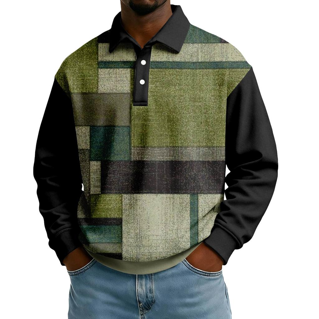 Męska codzienna luźna bluzka z blokami kolorów, z klapą zapinaną na guziki i długim rękawem