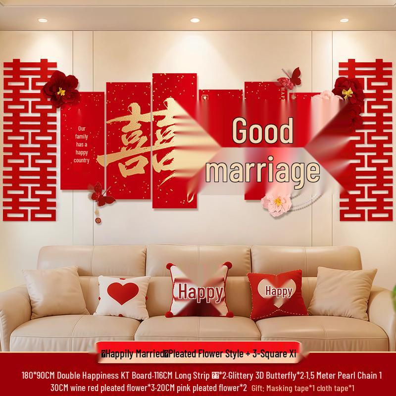 Bröllops vardagsrumsdekor: Bakgrundsvägg och soffgrupp med dubbel lycka