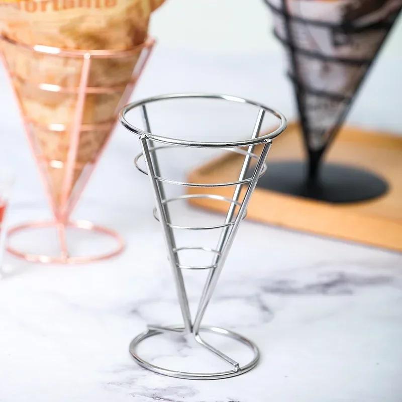 Stainless Steel French Fries Stand Snacks Display Rack Pizza Cone Holder Rack Fries Baskets Sauce Salad Dipping Cup Kitchen Tool