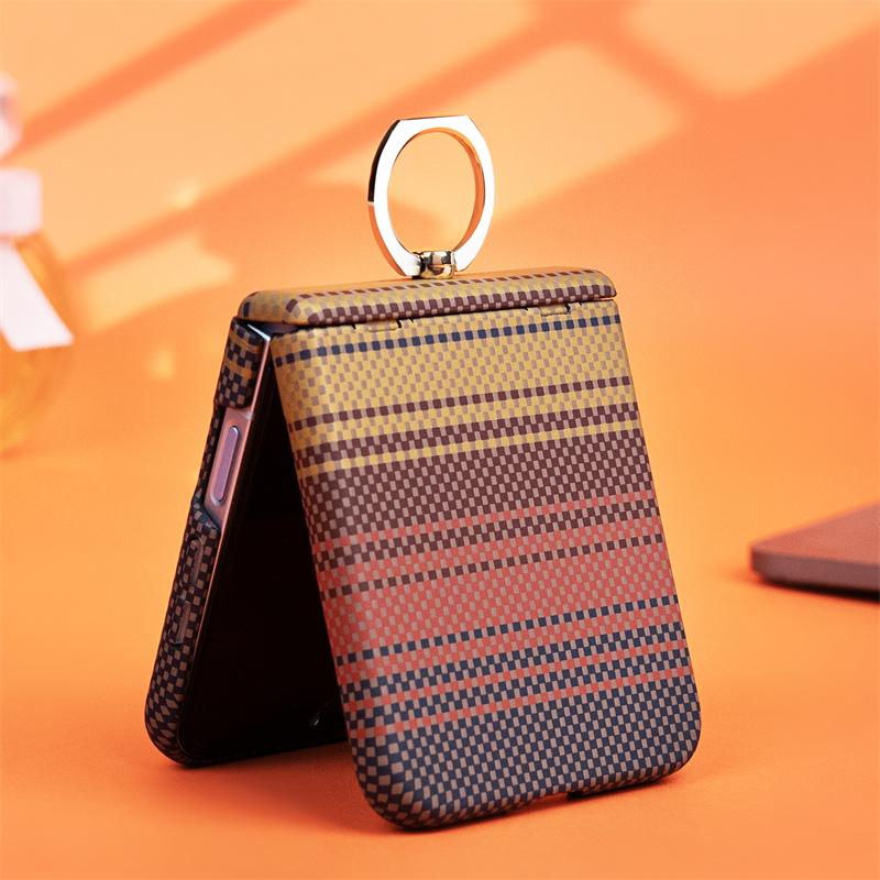 For For Samsung Galaxy Z Flip 7 6 5 4 3 Carbon Fiber Texture Magsafe Ring Hinge Case Screen Protect Film Wireless Charging PC Cover