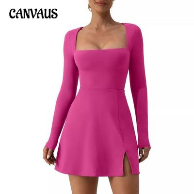 Rochie de damă mărime mare, guler pătrat, mânecă lungă, crăpături, mini rochii evazate