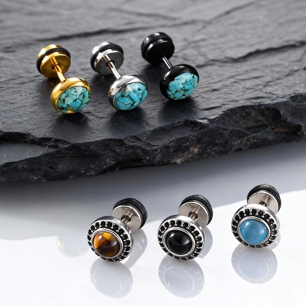 New Natural Stone Men's Small Round Stud Earrings,Simple Stainless Steel Metal Stud Earrings,Hip Hop Cool Jewelry Gift