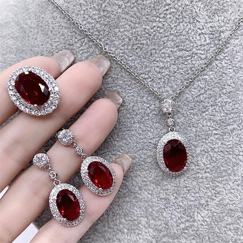 European & American Pigeon Blood Ruby Gemstone Jewelry Set: Elegant Earrings, Ring, & Necklace for Women