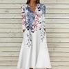 Women's Summer Casual V-Neck Button Vintage Floral Print Three-quarter Sleeve Long Dress With Pockets