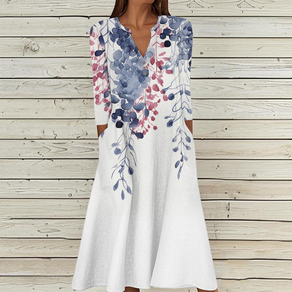 Women's Summer Casual V-Neck Button Vintage Floral Print Three-quarter Sleeve Long Dress With Pockets