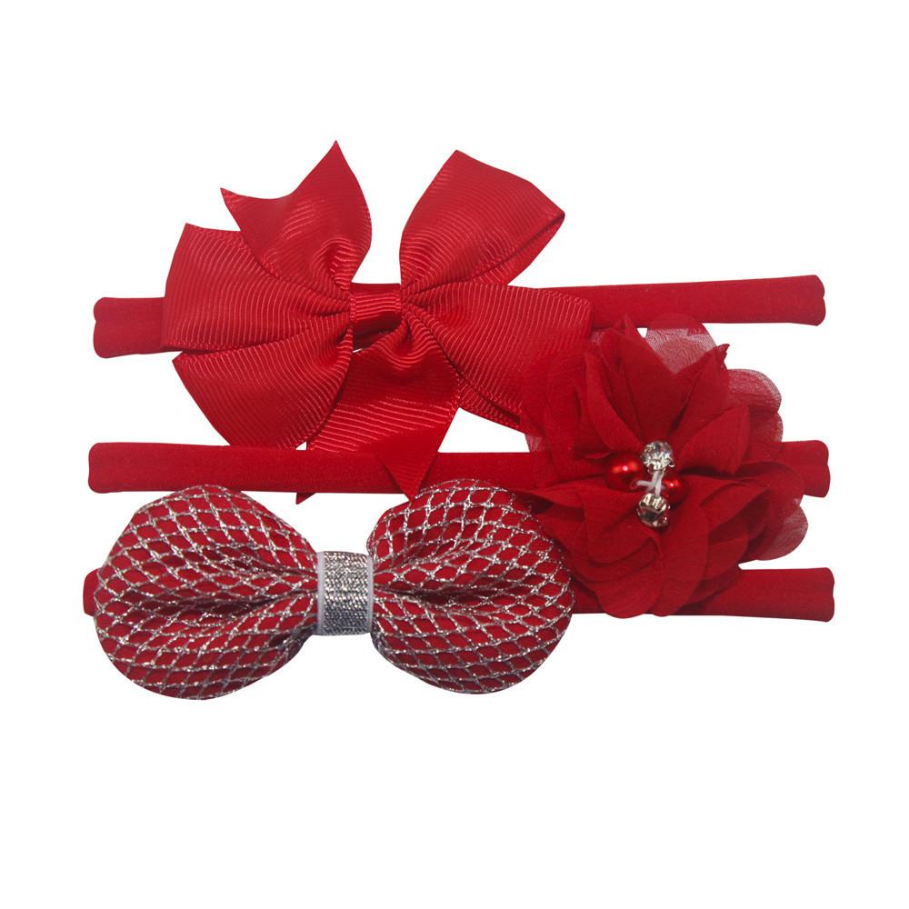 3Pcs Kids Elastic Floral Headband Pearl Hair Girls Baby Bowknot Hairband Set