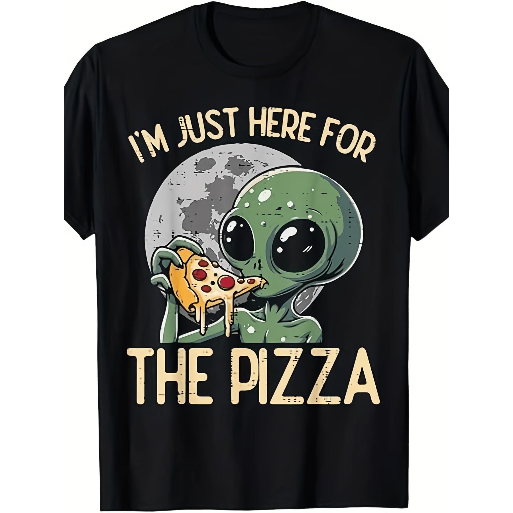 Alien Eating Pizza Graphic Tee Funny Green Extraterrestrial Casual Cotton T-Shirt for Men S