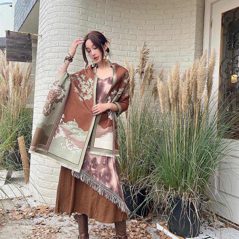 Imitation Cashmere Scarf for Women Elegant and Fashionable National Style Peony Scarf  Warm and Cold Proof Tassel Shawl