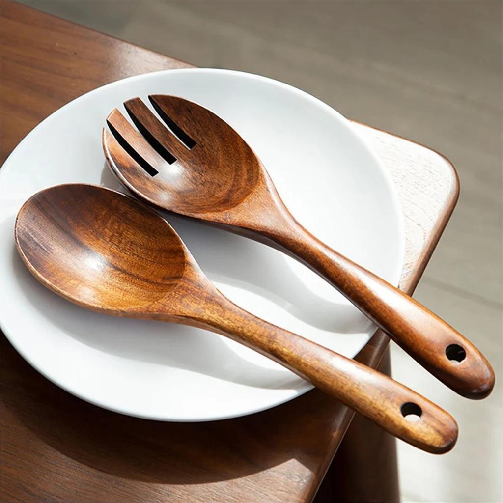 2026 Nuovo Set da 2 Pezzi Posate Cucchiaio Forchetta in Legno Stile Giapponese Manico Lungo Mestolo da Servizio per Insalata Set di Stoviglie Utensile da Cucina