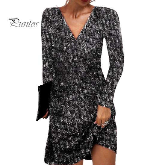 

Женское платье с пайетками, V-образный вырез, свободные длинные рукава, однотонное вечернее платье, весеннее, выше колена, осеннее вечернее платье S чёрный