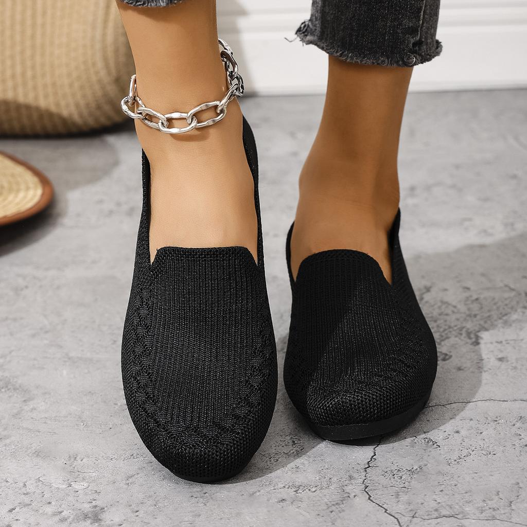 Flat Bottomed Round Toe Knitted Shoes, Women's Solid Color One Foot Walking Mesh Shoes, Breathable Daily Shoes