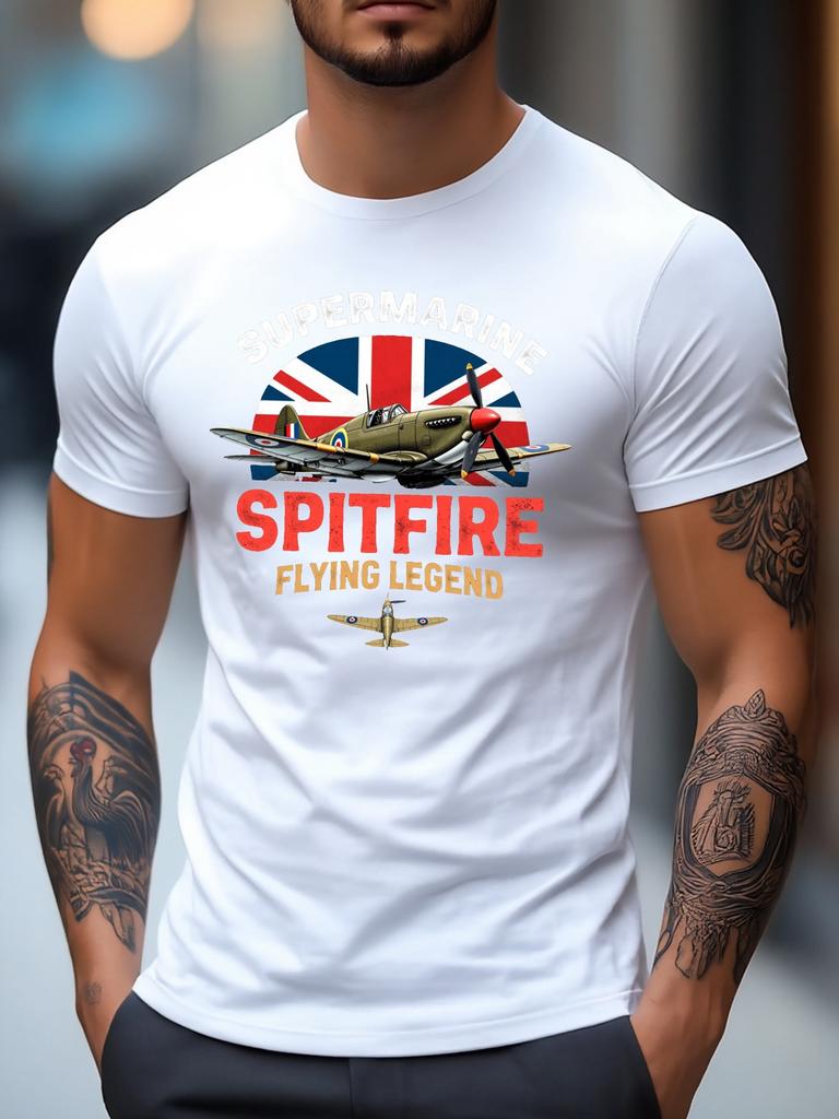Mens Vintage British WWII Spitfire Flying TShirt Retro Military Aviation Graphic Tee Cotton Shirt Themed Events Summer Top