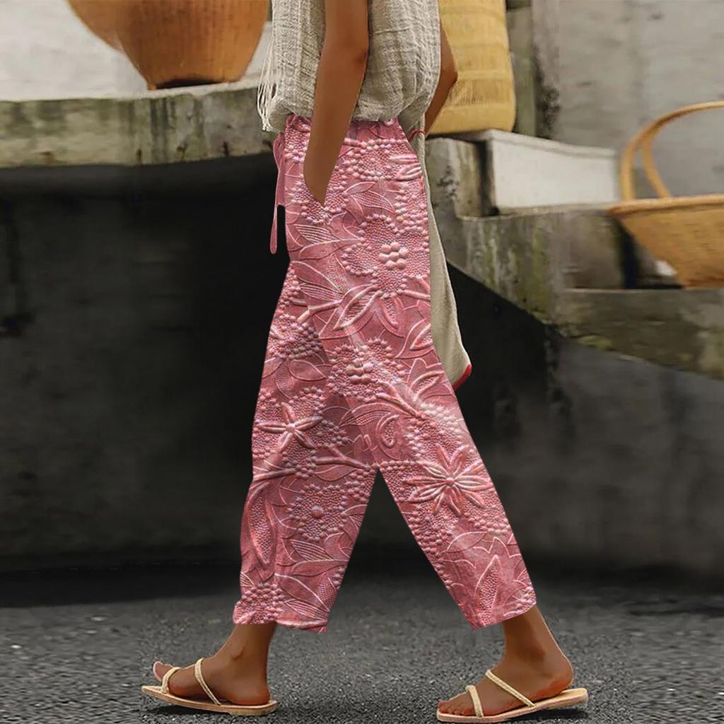 Women's Fashionable Floral Print Drawstring Pocket Elastic Waist Casual Pants