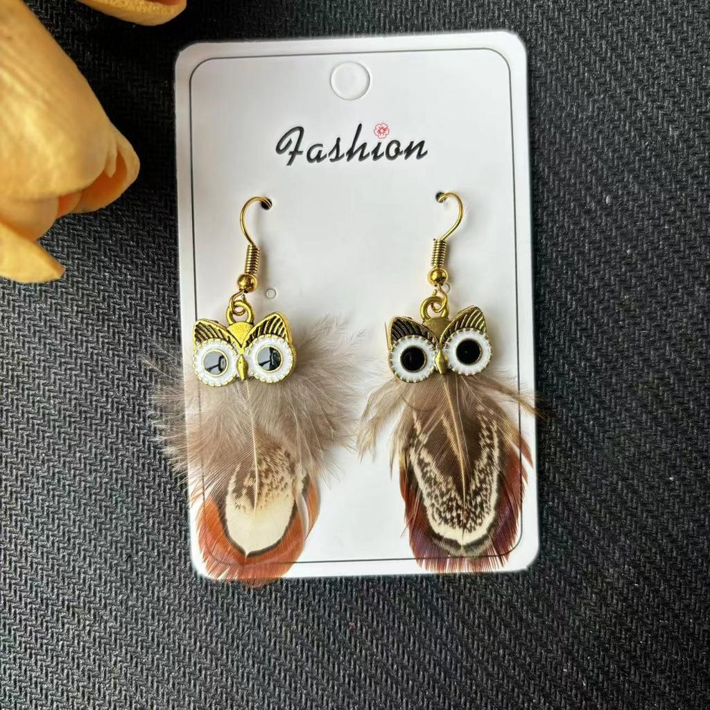 Vintage Cartoon Owl Peacock Feather Long Tassel Earrings Bohemian Ethnic Vacation Jewelry For Women
