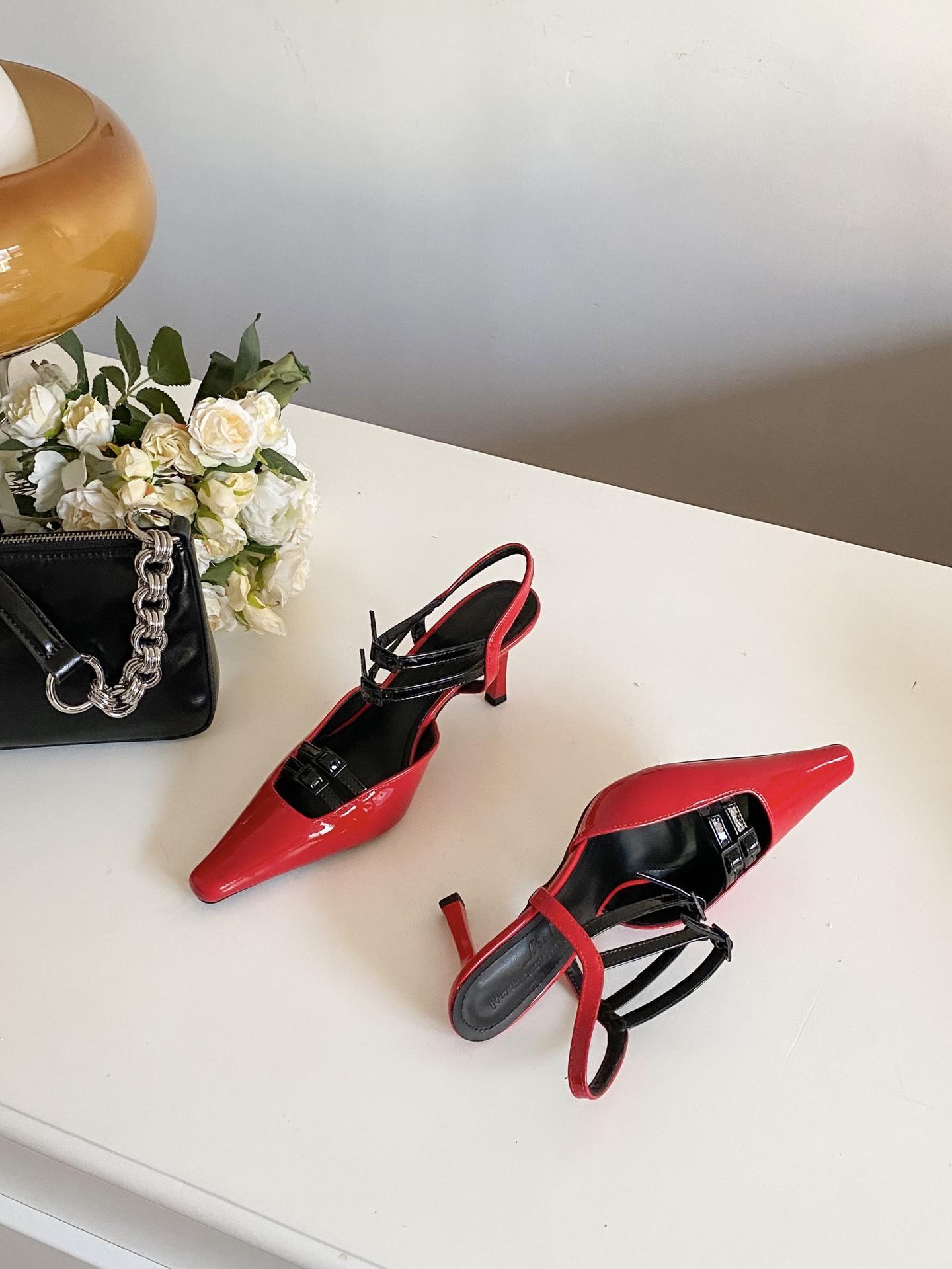 

2025 new color matching sexy European and American style pointed patent leather high heel thin heel bag head sandals 39 красный