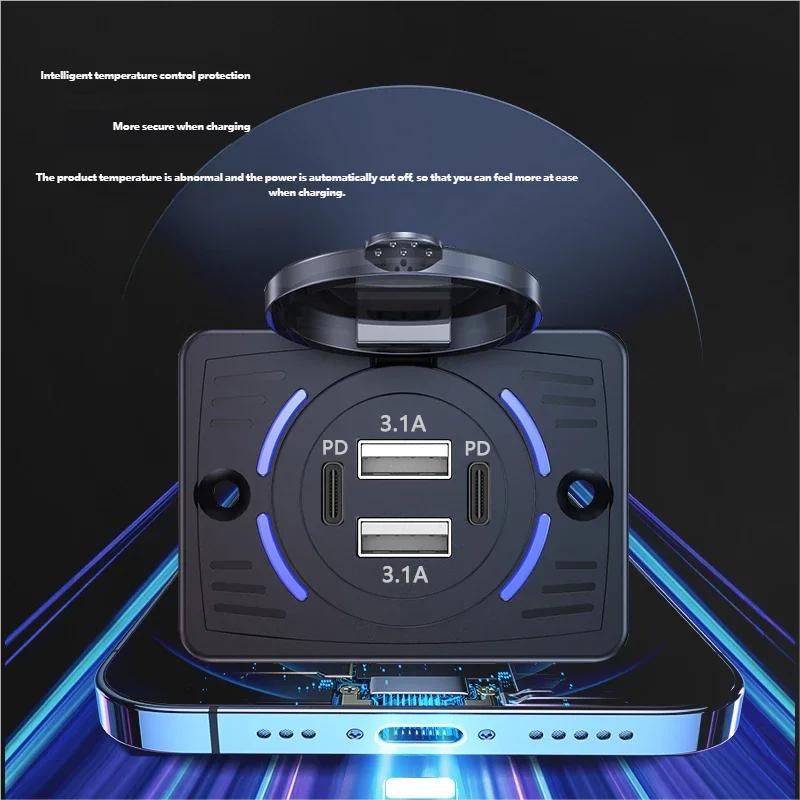 12V/24V RV USB Outlet Dual USB PD30W+QC3.0 Car Charger Socket Panel Waterproof Quick Charger for Car Bus RV Truck Accessories