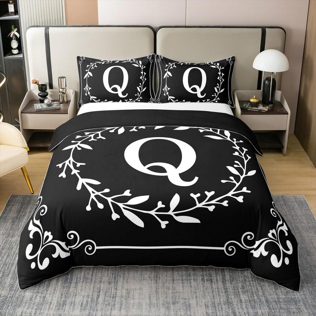 Initial Letter Z Twin Queen Duvet Cover Black And White Bedding Set Boho Floral Leaves Comforter Cover Gifts For Adult Girls