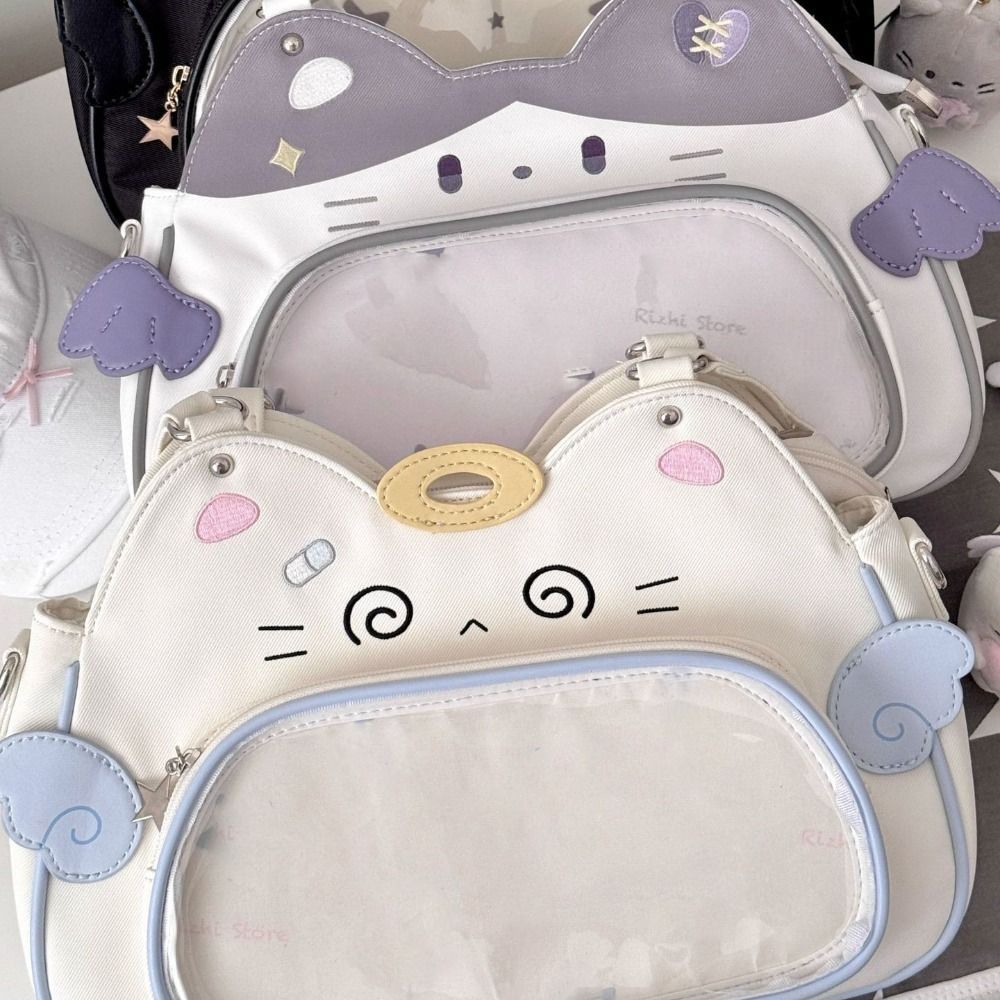 Kawaii Cat Itabag With Transparent PU Badge Display Cotton Plush Toy Storage Fashion Backpack For Outdoor Small Items