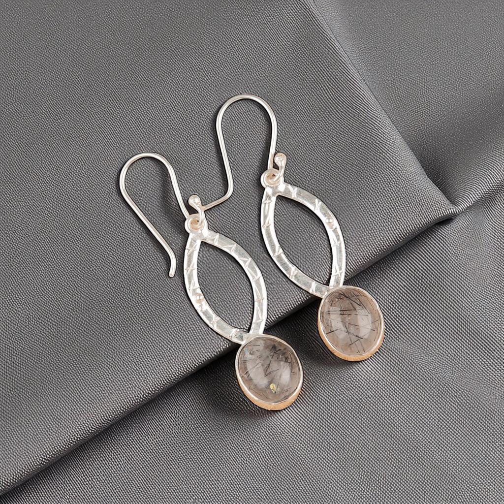 Rare Black Rutile Gemstone 925 Sterling Silver Handmade Jewelry Drop Earrings 2" EE-87-26