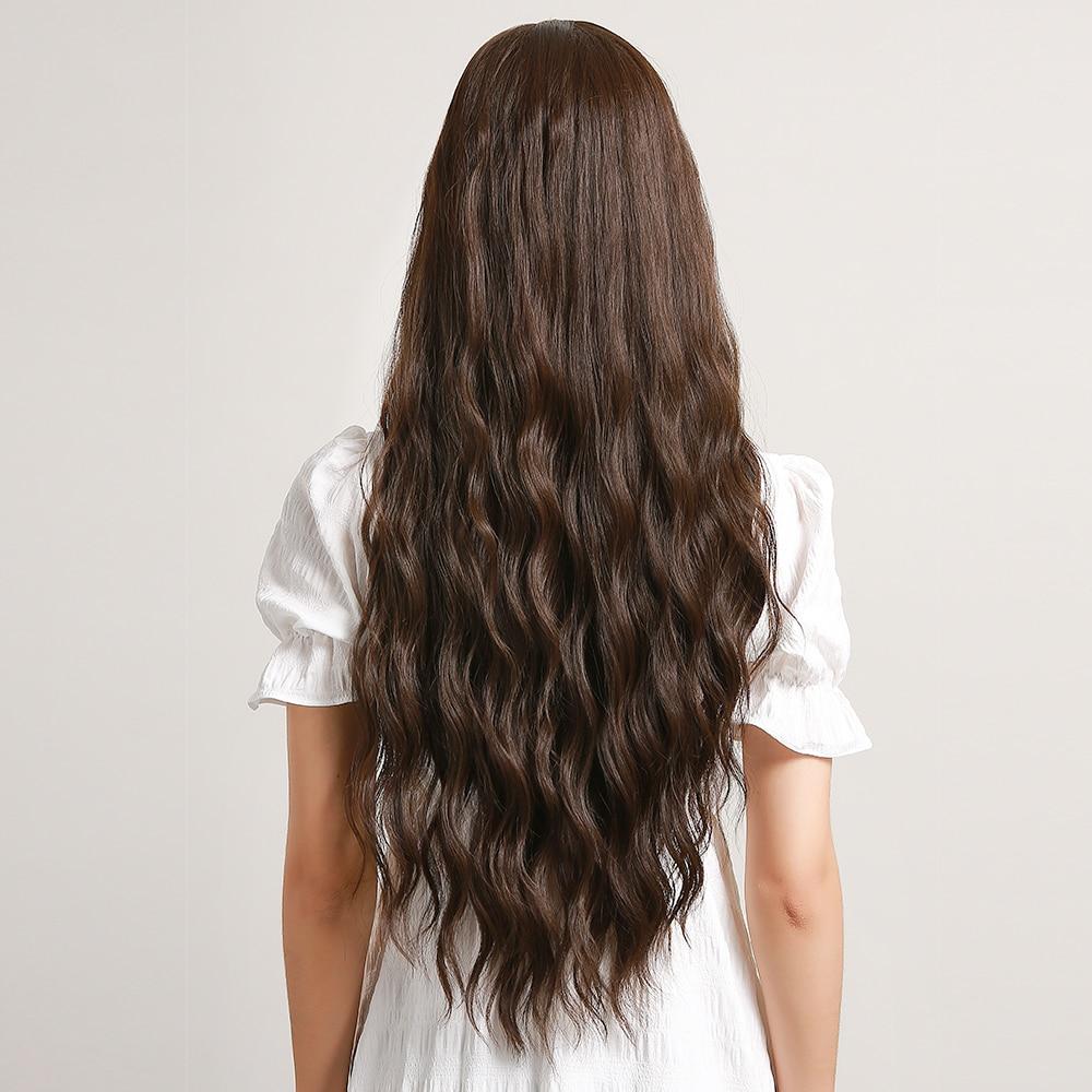 EASIHAIR Dlouhé tmavě hnědé vodní vlny syntetické paruky pro ženy Paruky z přírodních vlasů s dlouhou ofinou Denní paruky tepelně odolné cosplay