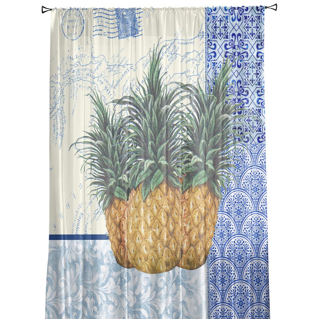 Blå och vit porslinstextur Ananas Tyllgardin Voile Transparent för Sovrum Vardagsrum Kök Skira Fönstergardiner