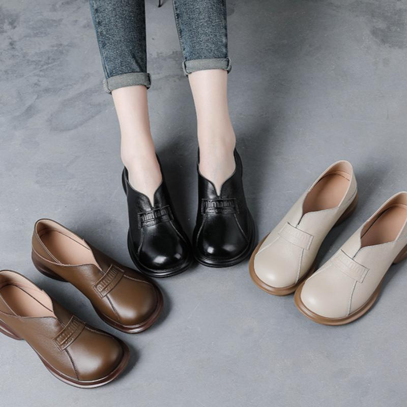 Round Head Wide Feet Women's Shoes Retro British Style Leather Shoes Thick Heel Single Shoes Genuine Leather Middle-aged Women's Shoes