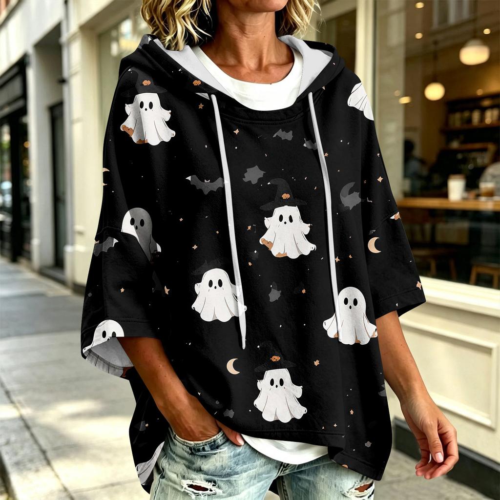 Women's Hoodie with Halloween Print, Loose Fit Casual Pullover Top