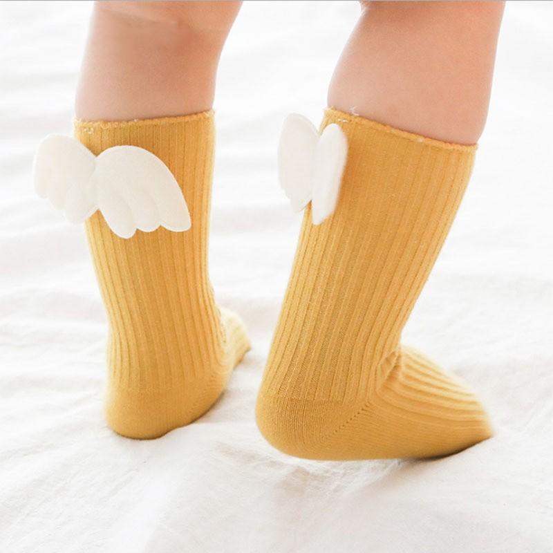 Baby Girls Knee High Socks Angel Wing Summer Autumn Cotton Socks Solid Candy Color Kids Toddler Short Socks Children