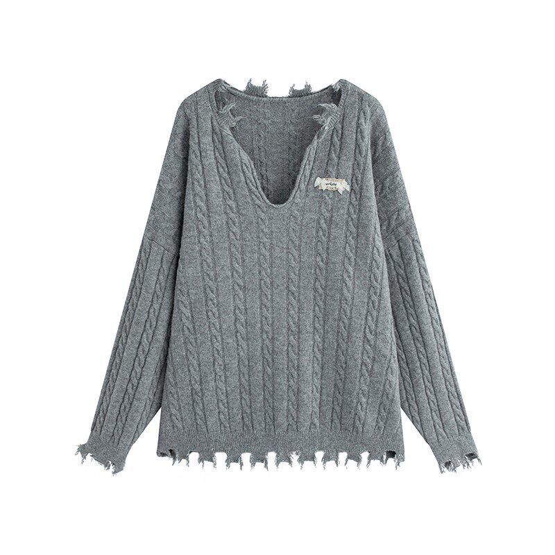 Julu Studio  Vitigray  Slightly Oversized Girls Lazy Gray Loose V Neck Cable-Knit Sweater Plus Size Suit Gray Sweater M