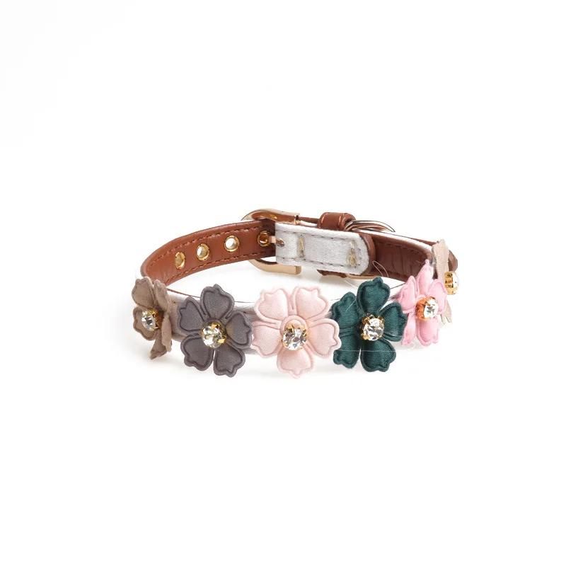 Practical Pet Dog Flower Rhinestone Collar Flower PU Chain Leather Small Medium Chihuahua Pug Cat Dog Collar Home Pet Supplies