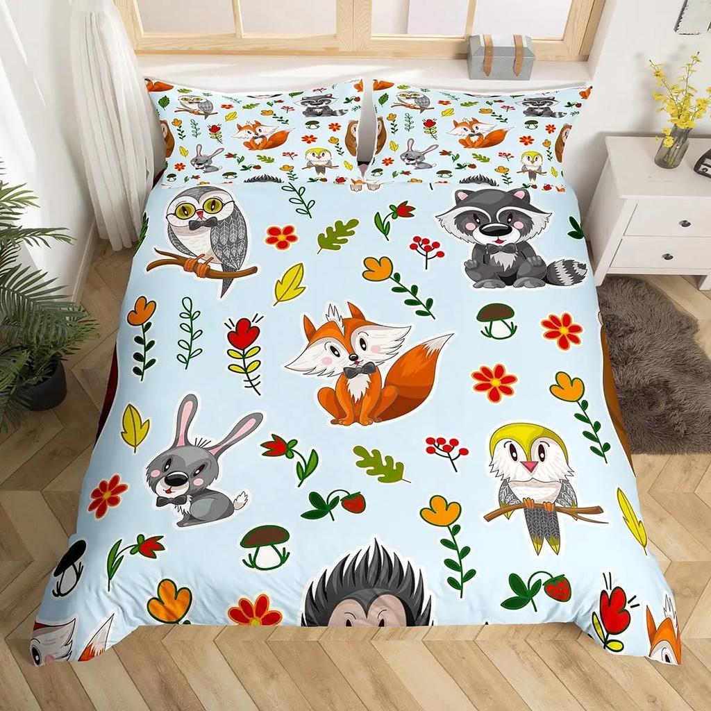 Comforter Cute Forest Animals Theme S King Size Fox Deer Rabbit Owl Hedgehog Flowers Comforter Set 2/3Pcs Bedding Set