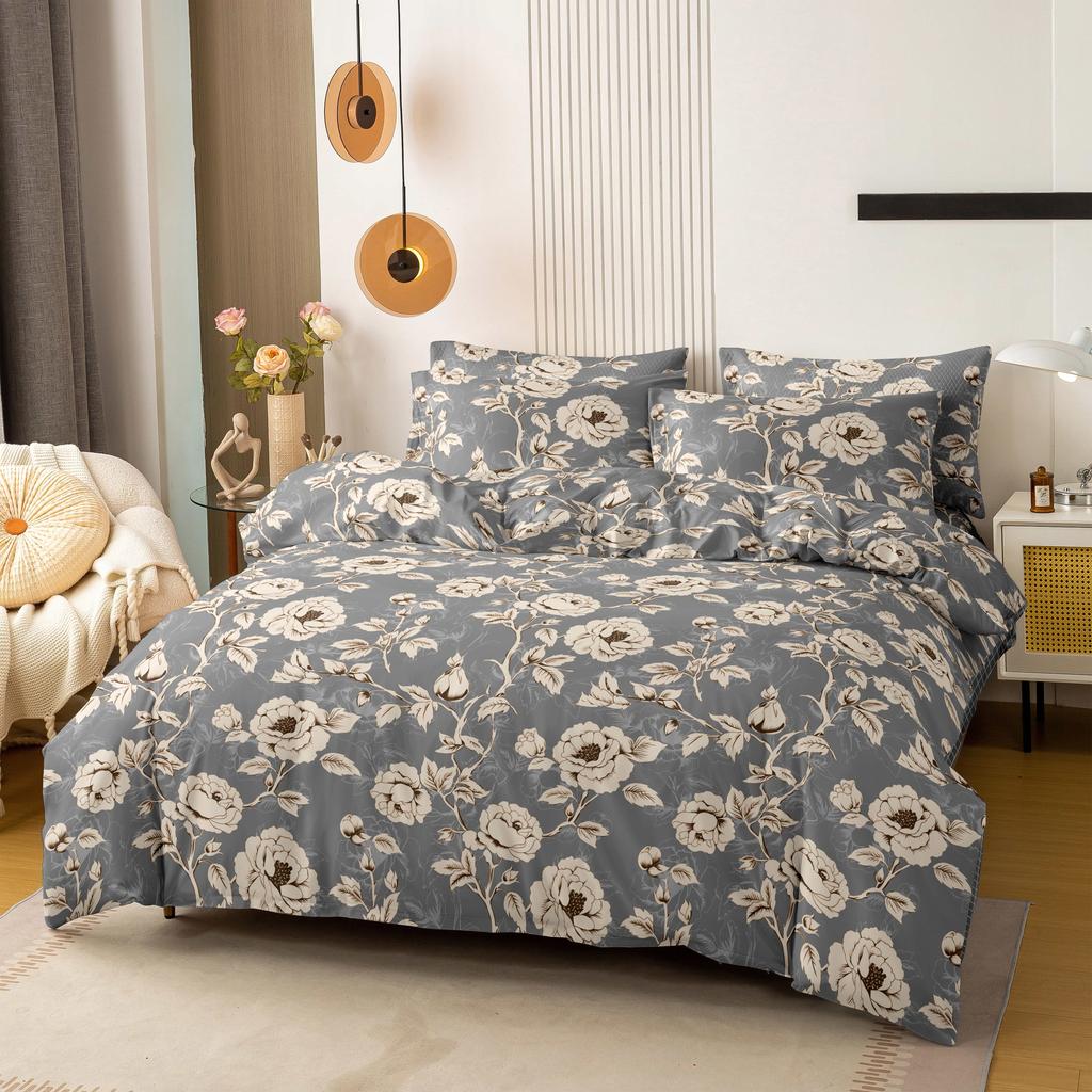 Kuup Bequemes Atmungsaktives Bettwäscheset Queen King Size Blumenmuster Flockierung Bettbezug Bettlaken Kissenbezug Bettwäscheset