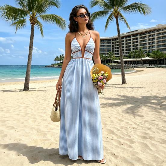 Women's Halter Striped Maxi Dress Sleeveless Deep V Neck A Line Sundress Summer A-Line Beach Vacation Dress